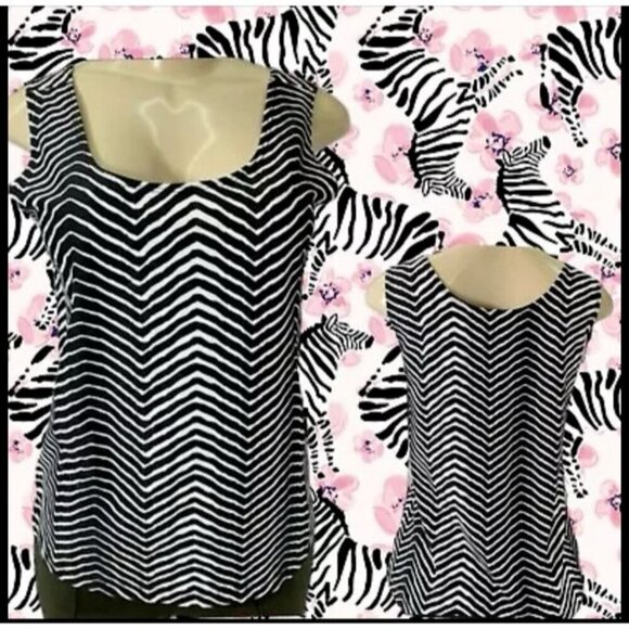 Chico's 1-M Black-White Animal Zebra Striped Print Scoop Neck Stretch Tank Top - Picture 1 of 5
